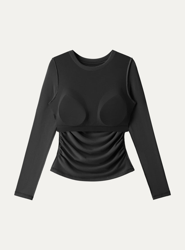 Roundneck Long Sleeve Ruched Built-In Bra Top