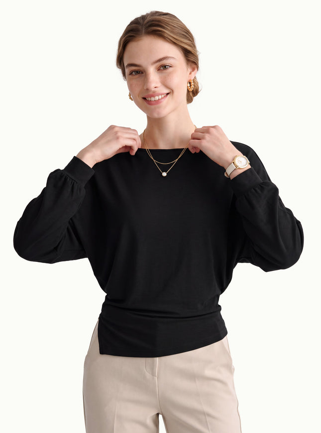 Boatneck Long Sleeve Asymmetrical Hem Top