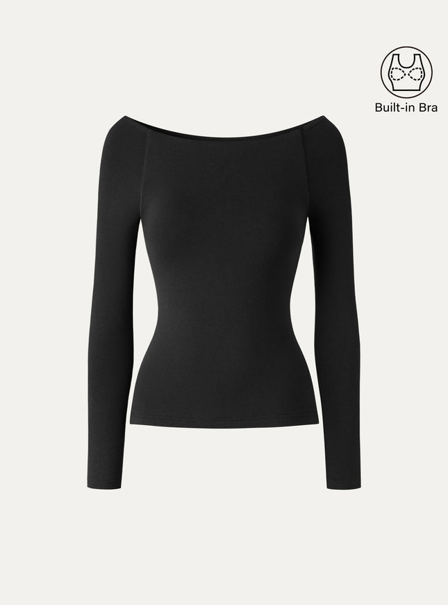Slash Neck Raglan Sleeve Built-In Bra Top