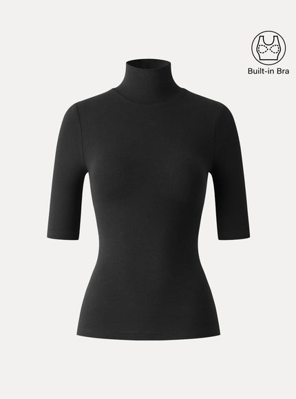 Essential Turtleneck Elbow Length Sleeve Built-In Bra Top - Midnight Navy