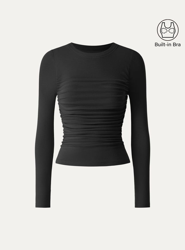Roundneck Long Sleeve Ruched Built-In Bra Top