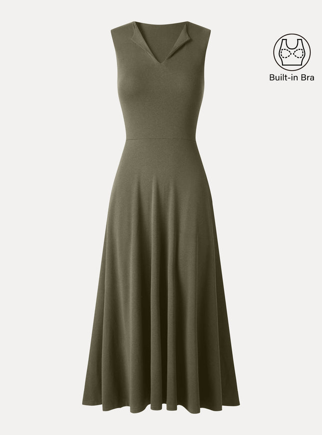 Ribbed Collared V-Neck Sleeveless A-Line Midi Built-In Bra Dress with Pockets