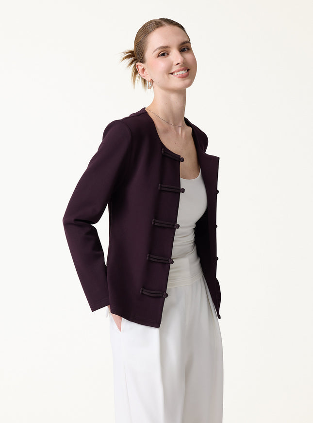 Stretch Ponte Frog-Button Round Neck Long Sleeve Jacket