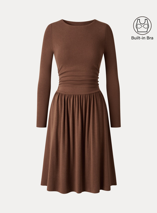 Boatneck Ruched Mini Built-In Bra Dress with Pockets