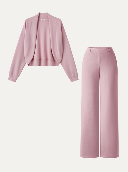 2Pcs Set Long Sleeve Shrug Cardigan & High-Rise Wide Leg Pants with Pockets