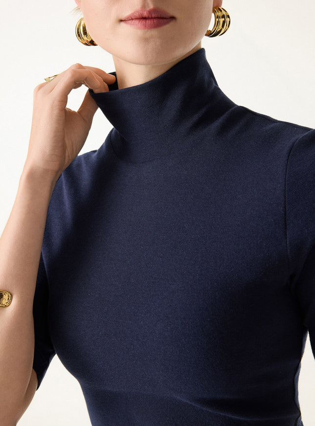 Essential Turtleneck Elbow Length Sleeve Built-In Bra Top - Midnight Navy