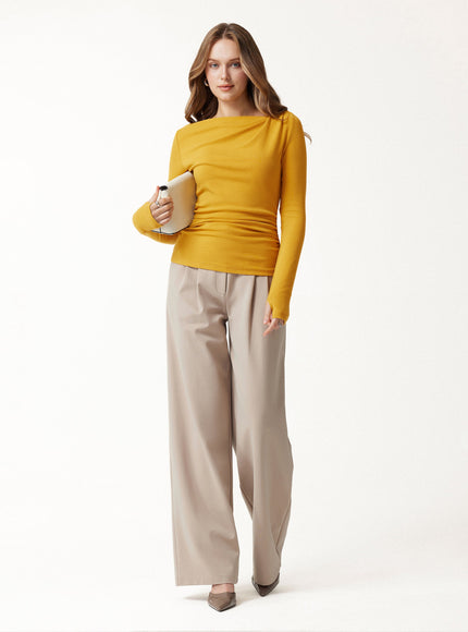 Asymmetrical Neck Long Sleeve Ruched Top