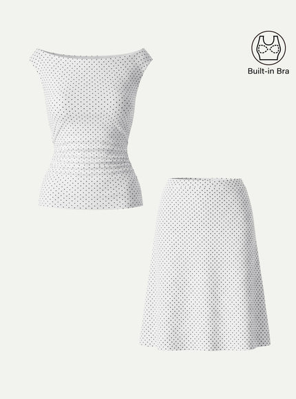 2Pcs Set Polka Dot Boatneck Built-In Bra & A-Line Flare Skirt Limited Edition