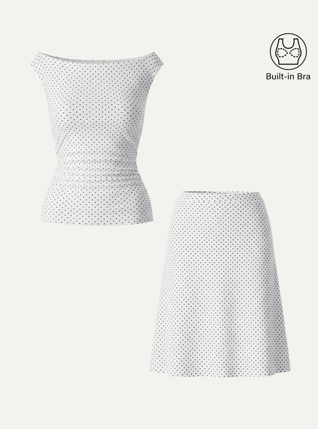 2Pcs Set Polka Dot Boatneck Built-In Bra & A-Line Flare Skirt Limited Edition