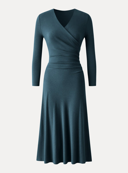 Surplice 3/4 Sleeve Side-Tuck Midi Dress