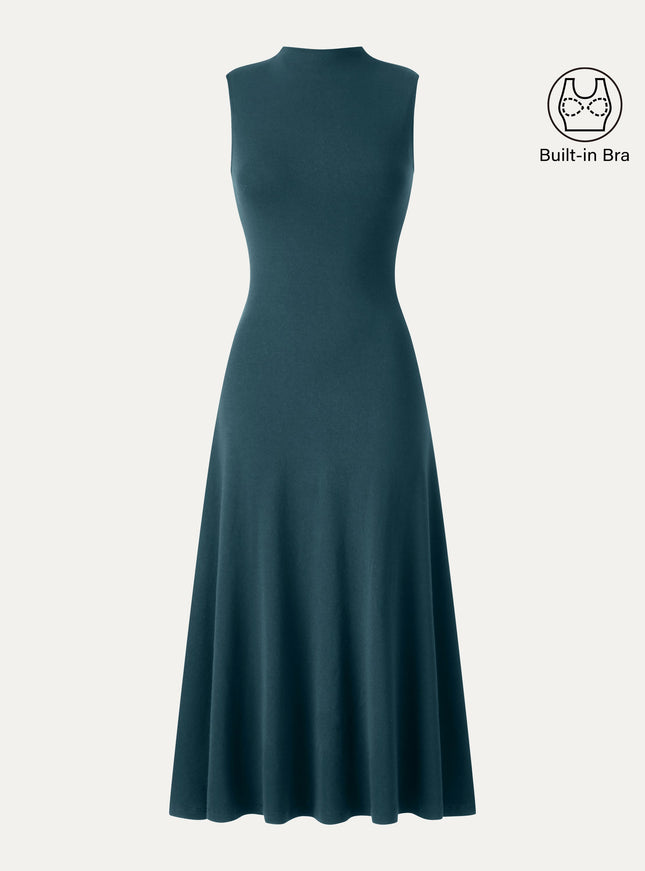 Mock Neck Sleeveless A-Line Midi Built-In Bra Dress