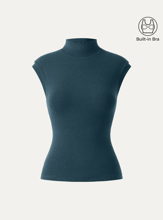 Stretch Cotton Mock Neck Cap Sleeve Built-In Bra Top