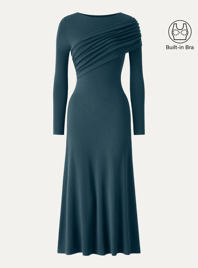 Boatneck Ruched A-Line Midi Built-In Bra Dress