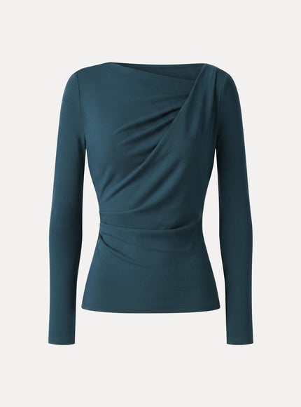 Asymmetrical Neck Long Sleeve Tucked-Waist Top