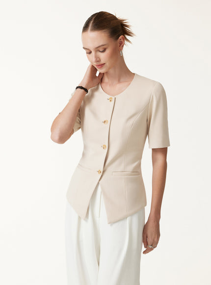 Ponte Office Round Neck Elbow Sleeve Jacket with Pockets