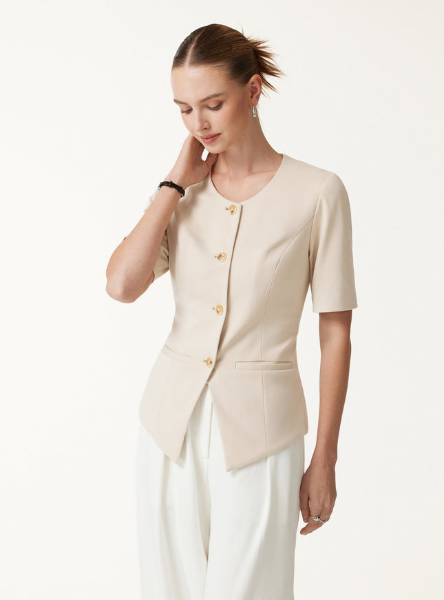 Ponte Office Round Neck Elbow Sleeve Jacket with Pockets