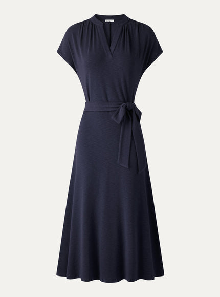 Neck Short Sleeve Belted Midi Dress