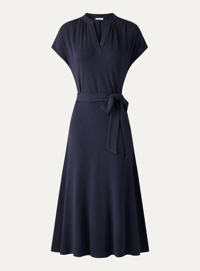 Neck Short Sleeve Belted Midi Dress