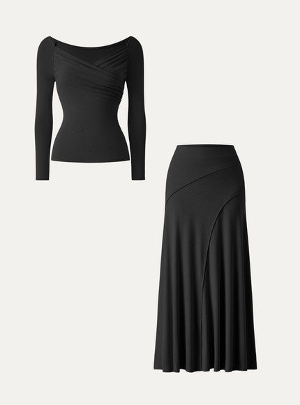 2Pcs Set Surplice Long Sleeve Ruched Top & A-Line Midi Skirt