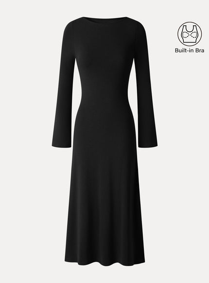 Boatneck Bell Sleeve Midi Built-In Bra Dress