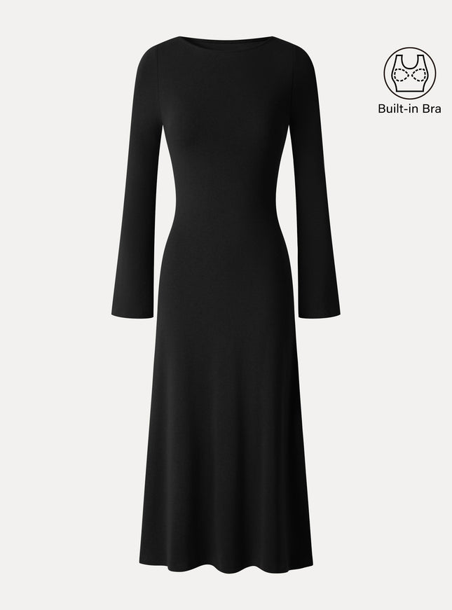 Boatneck Bell Sleeve Midi Built-In Bra Dress