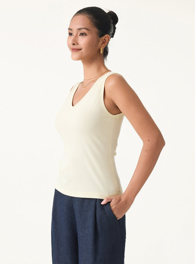 Stretch Cotton Pointelle V-neck Sleeveless Built-In Bra Tank