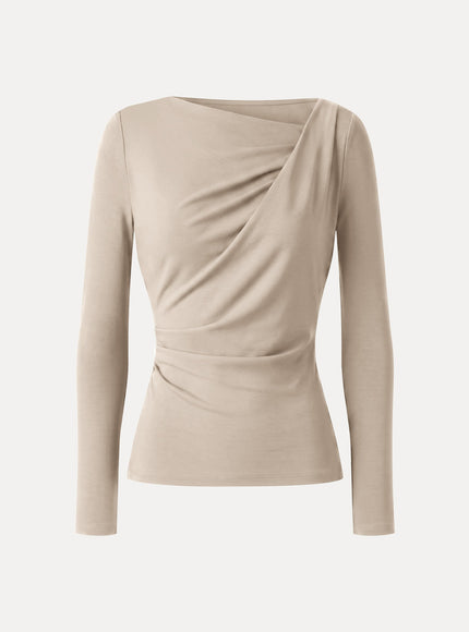 Asymmetrical Neck Long Sleeve Tucked-Waist Top