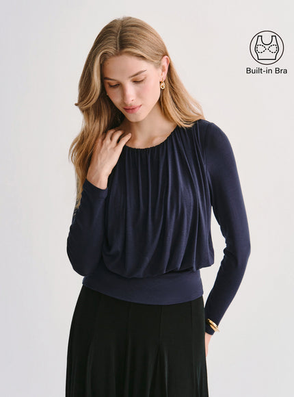 Lyocell-Wool Round Neck Long Sleeve Tucked Built-In Bra Top