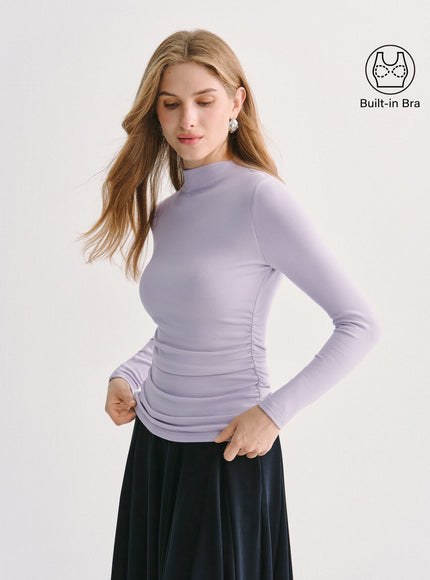 Mock Neck Long Sleeve Ruched Built-In Bra Top
