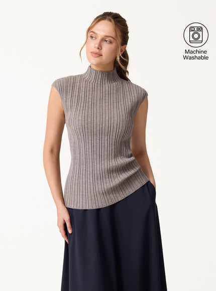 100% Merino Wool Ribbed Mock Neck Sweater