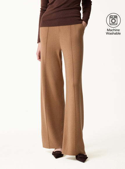Merino Blend High-Rise Pintuck Wide-Leg Pants with Pockets