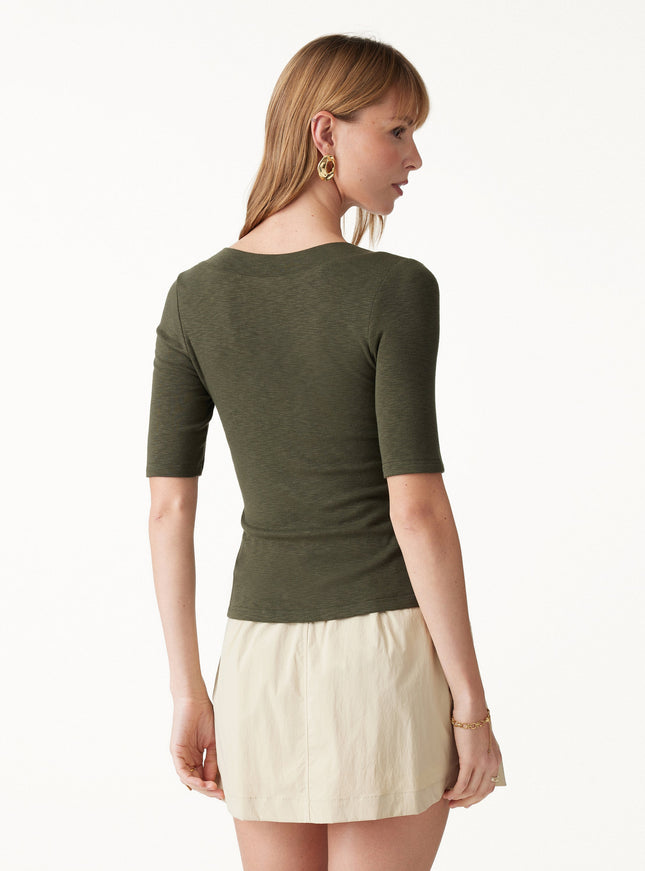 Slub U-Neck Elbow Sleeve Built-In Bra Top