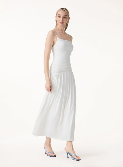 Not-See-Thru Spaghetti Gathered Maxi Built-In Bra Dress