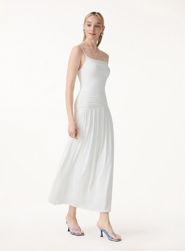 Not-See-Thru Spaghetti Gathered Maxi Built-In Bra Dress