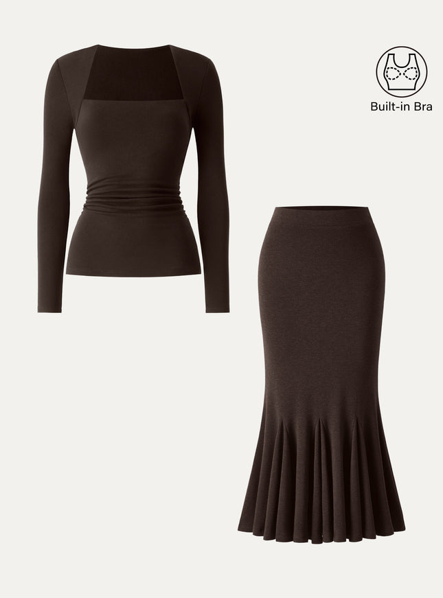 2Pcs Set Trapeze Neck Ruched Built-In Bra Top & High-Rise Mermaid Midi Skirt