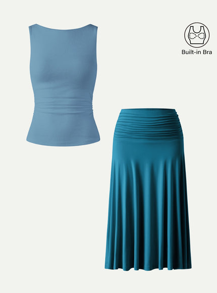 2Pcs Set Open Back Built-In Bra Tank & Side Ruched A-line Midi Skirt