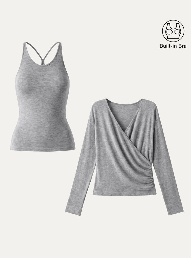 Two-Piece Set Cami with Surplice Ruched Built-In Bra Top