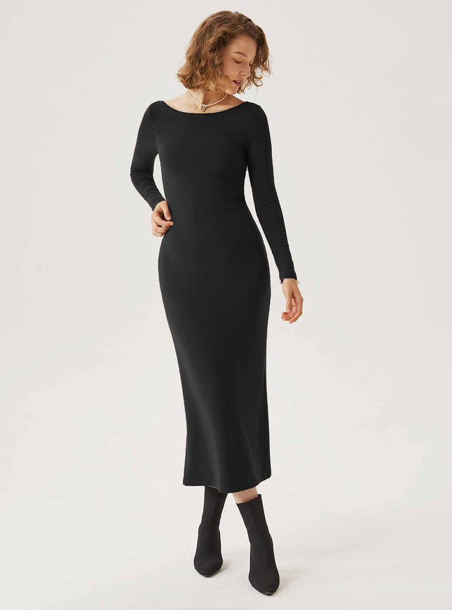Boatneck Open-Back Midi Built-In Bra Dress