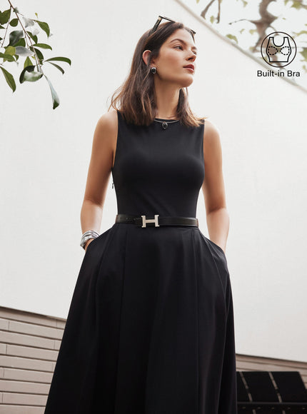 Boatneck Bamboo Ponte Bra Midi Dress with Pockets