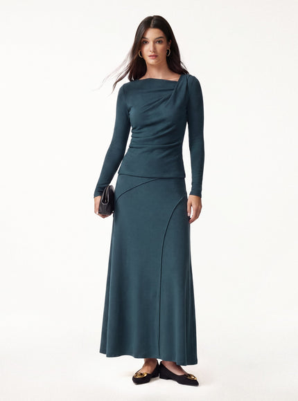 2Pcs Set Asymmetrical Neck Top & Drapey A-Line Midi Skirt
