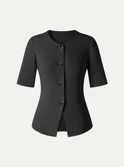 Ponte Office Round Neck Elbow Sleeve Jacket with Pockets