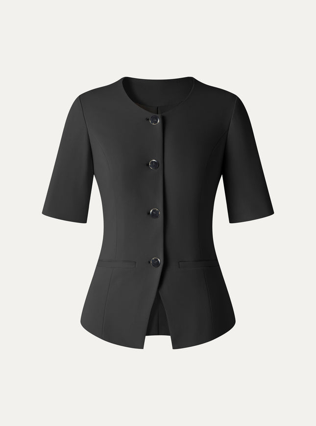 Ponte Office Round Neck Elbow Sleeve Jacket with Pockets