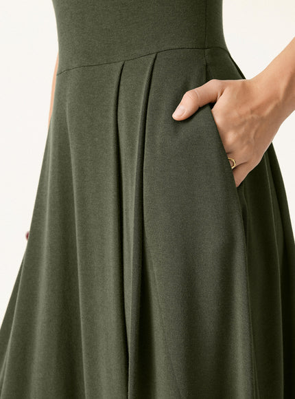 Polo Neck Elbow Length Sleeve Midi Built-In Bra Dress with Pockets