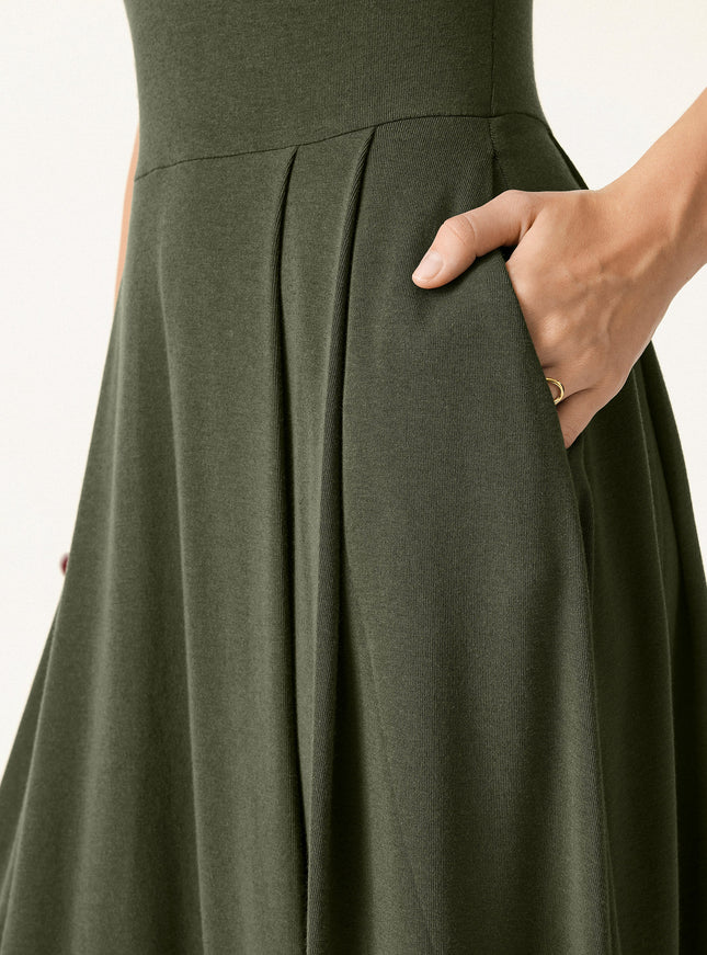 Polo Neck Elbow Length Sleeve Midi Built-In Bra Dress with Pockets