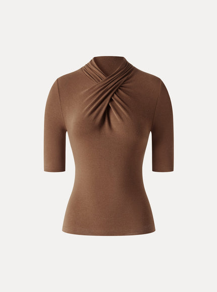 Crisscross Mock Neck Elbow Sleeve Ruched Top