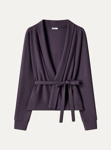 Textured Cotton Blend Lapel Belted Open-Front Jacket