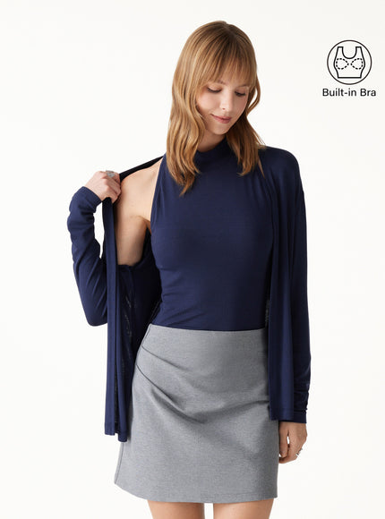 2Pcs Set Mock Neck Built-In Bra Top & Open-Front Long Sleeve Cardigan