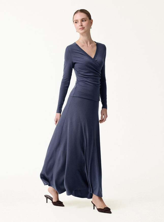2Pcs Set Surplice Ruched Top & Blend Mid-Rise Umbrella Maxi Skirt