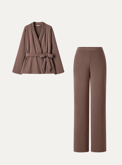 2Pcs Set MaxWarm Belted Wrap Cardigan Coat with Poclets & High-Rise Straight-Leg Pants with Pockets