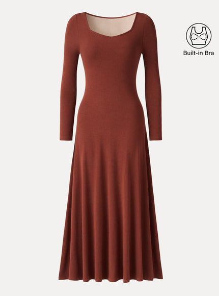 Diamond Neck Long Sleeve Drapey Maxi Built-In Bra Dress